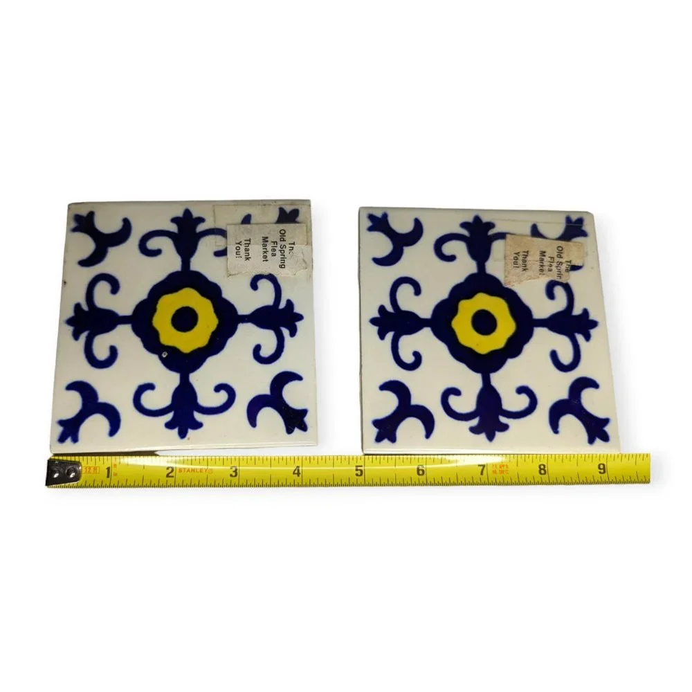 2 Mexican Dal-Tile Clay Tile Folk Art 4 x 4 Blue & Yellow